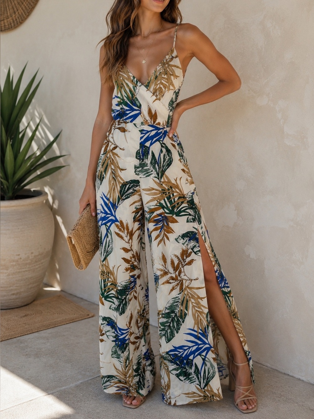 Cookies Clothing Tropical Print Wide Leg Jumpsuit Criss Cross Back Side Slit
